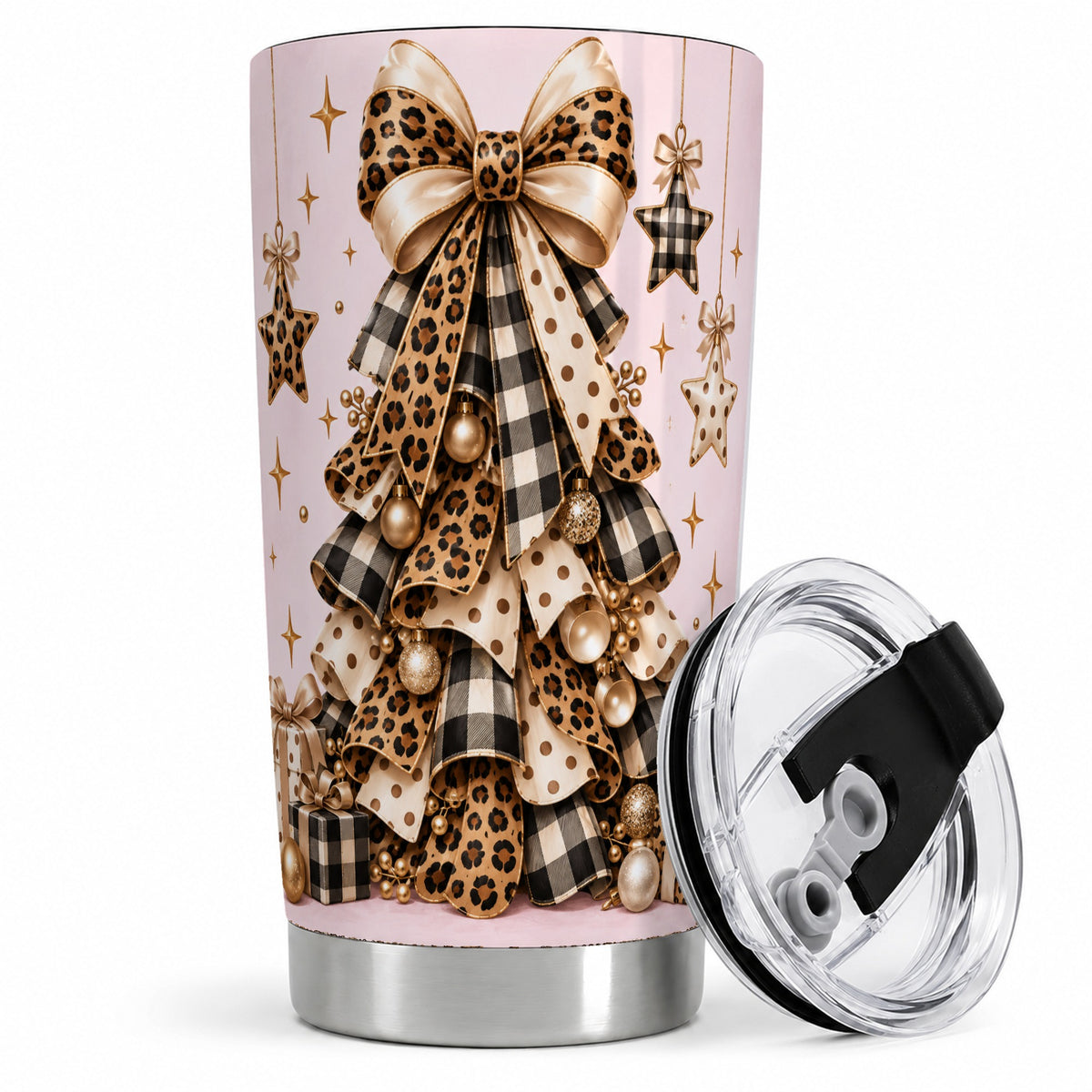 Leopard Bow Christmas 20oz Tumbler, Festive Ribbon Tree Holiday Artwork
