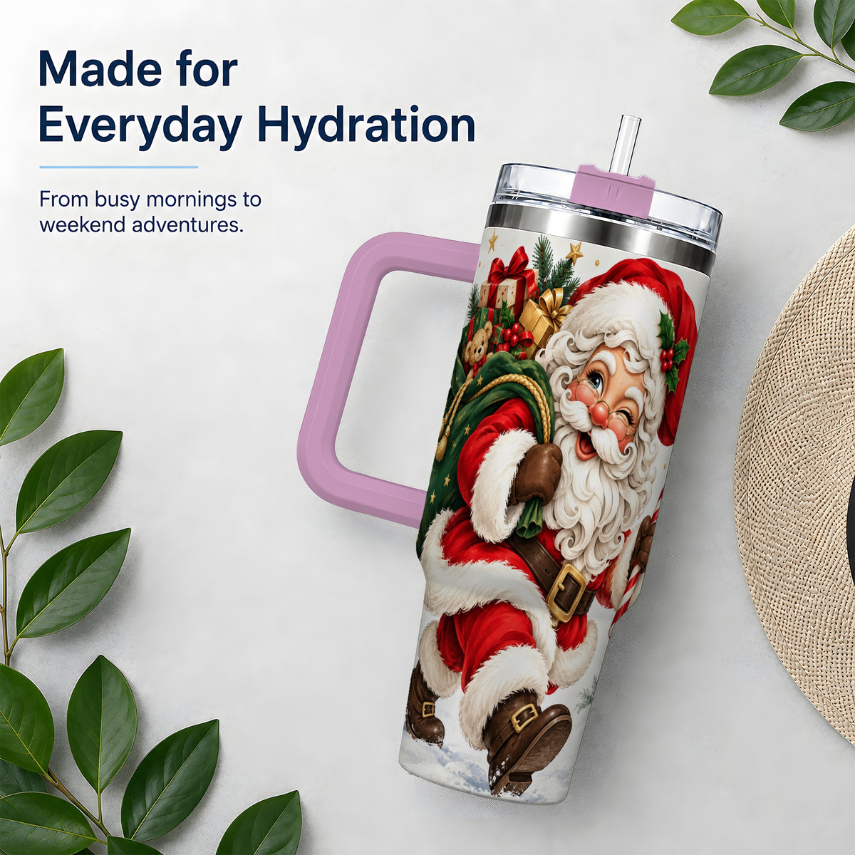 #pl[40oz|Pink] Candy Cane Santa Christmas Tumbler, 40oz Stainless Steel Tumbler
