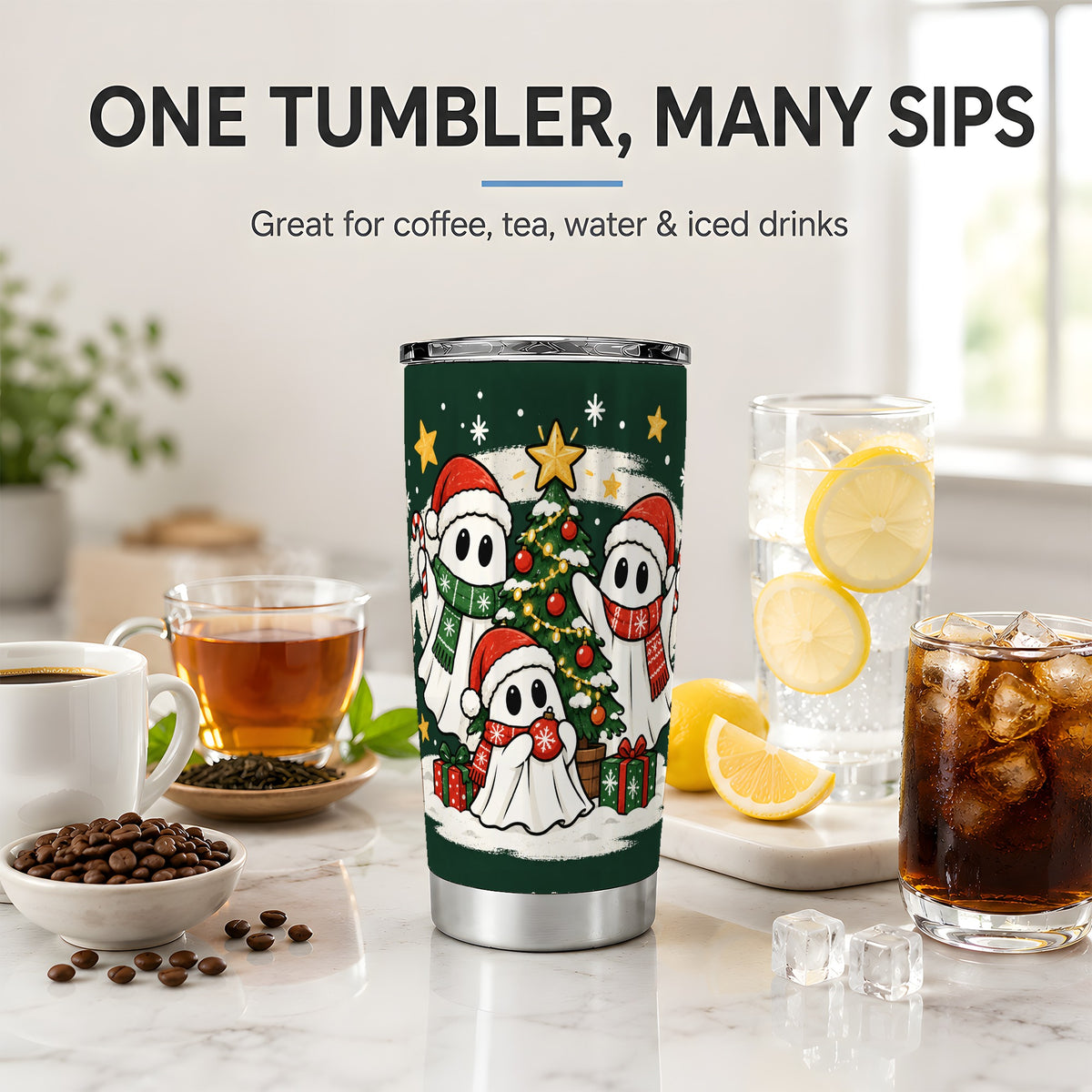 #pl[20oz|Steel] Christmas Ghost 20oz Tumbler, Festive Holiday Tree Artwork