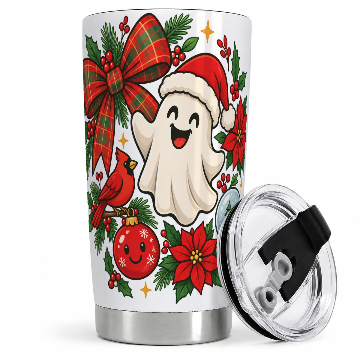 Christmas Ghost 20oz Tumbler, Cardinal Poinsettia Artwork