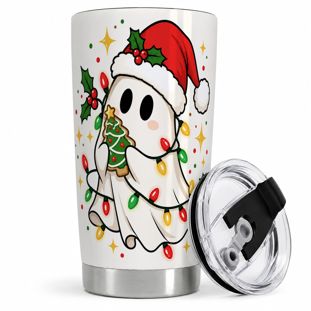 Christmas Ghost 20oz Tumbler, Colorful Holiday Lights Artwork