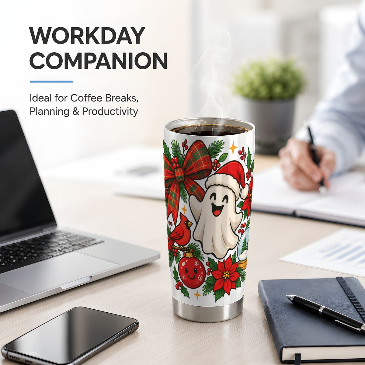 #pl[20oz|Steel] Christmas Ghost 20oz Tumbler, Cardinal Poinsettia Artwork