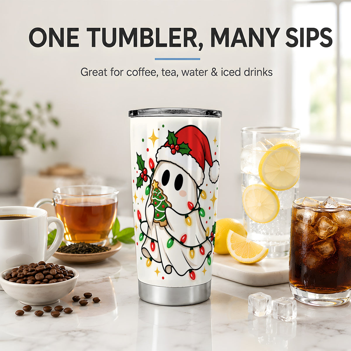 #pl[20oz|Steel] Christmas Ghost 20oz Tumbler, Colorful Holiday Lights Artwork