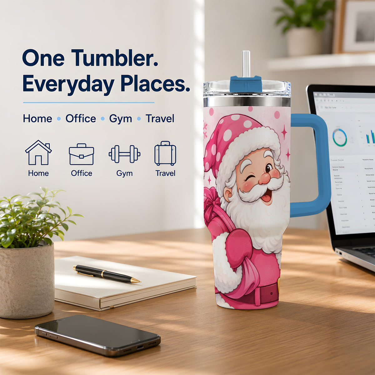 #pl[40oz|Blue] Pink Santa Christmas Tumbler, 40oz Stainless Steel Tumbler