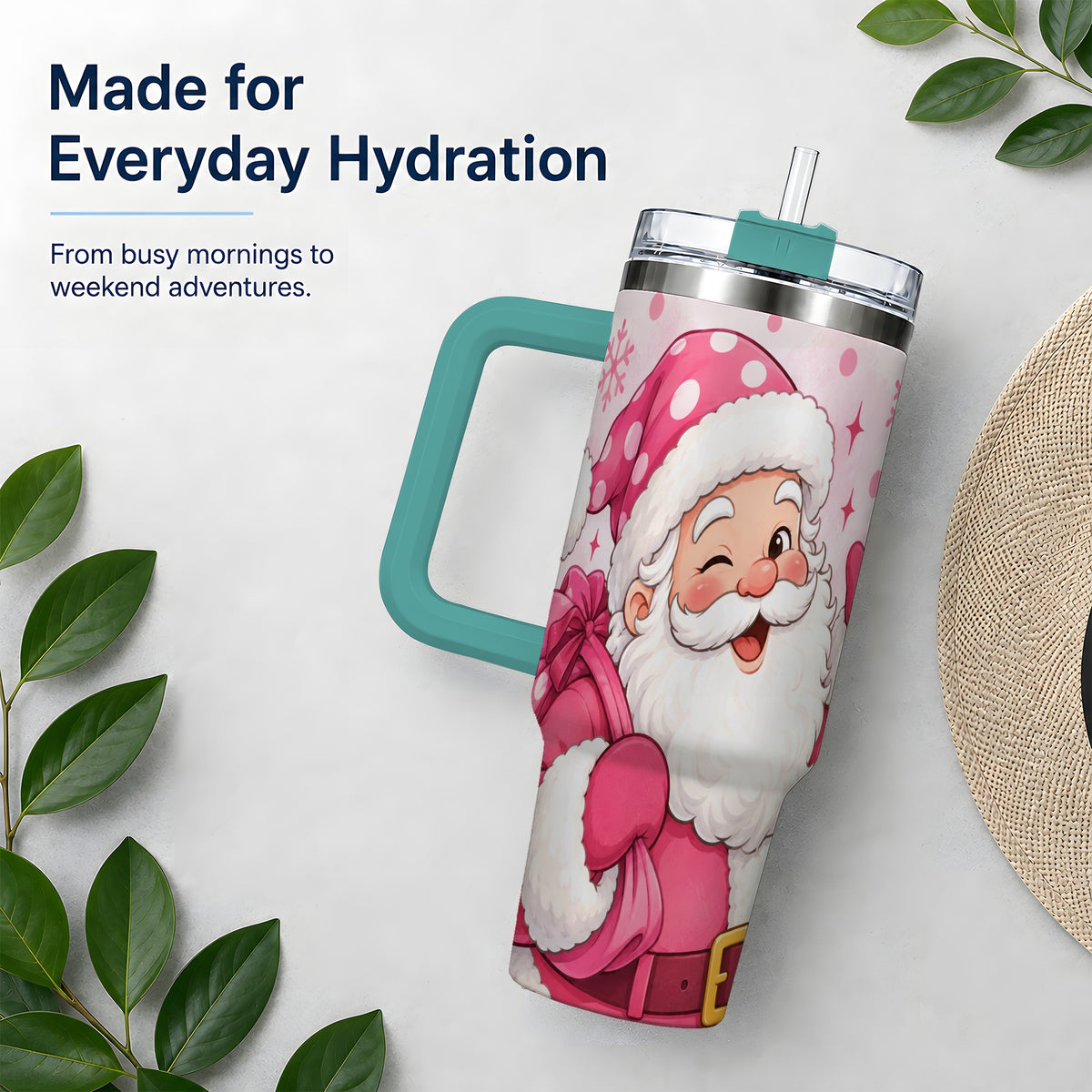 #pl[40oz|Green] Pink Santa Christmas Tumbler, 40oz Stainless Steel Tumbler