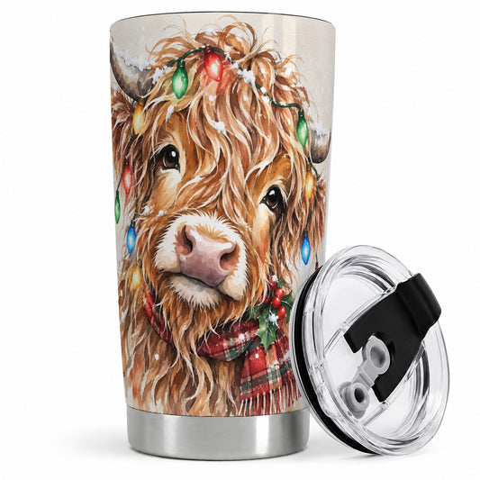 Christmas Highland Cow 20oz Tumbler, Watercolor Winter Artwork