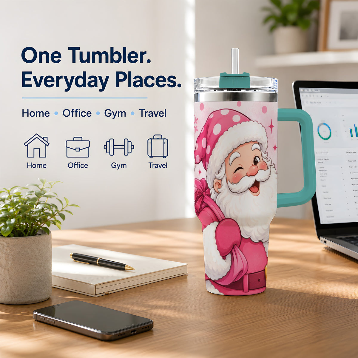 #pl[40oz|Green] Pink Santa Christmas Tumbler, 40oz Stainless Steel Tumbler