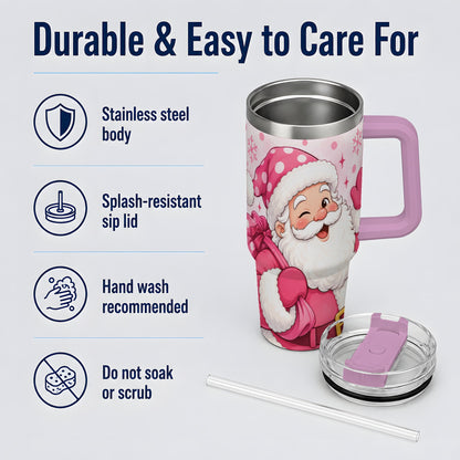 #pl[40oz|Pink] Pink Santa Christmas Tumbler, 40oz Stainless Steel Tumbler