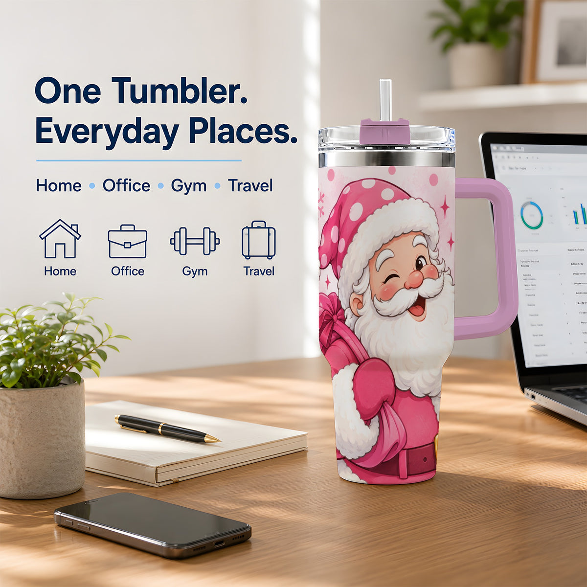 #pl[40oz|Pink] Pink Santa Christmas Tumbler, 40oz Stainless Steel Tumbler