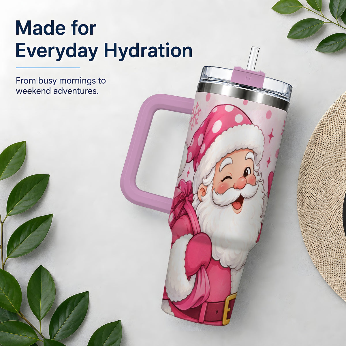 #pl[40oz|Pink] Pink Santa Christmas Tumbler, 40oz Stainless Steel Tumbler