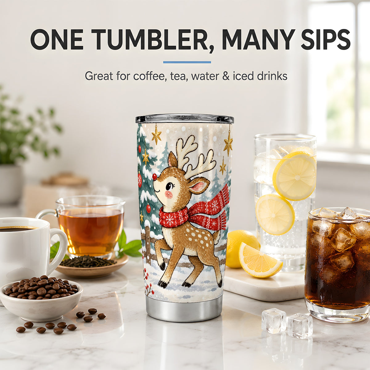#pl[20oz|Steel] Christmas Reindeer 20oz Tumbler, Festive Snowy Forest Artwork
