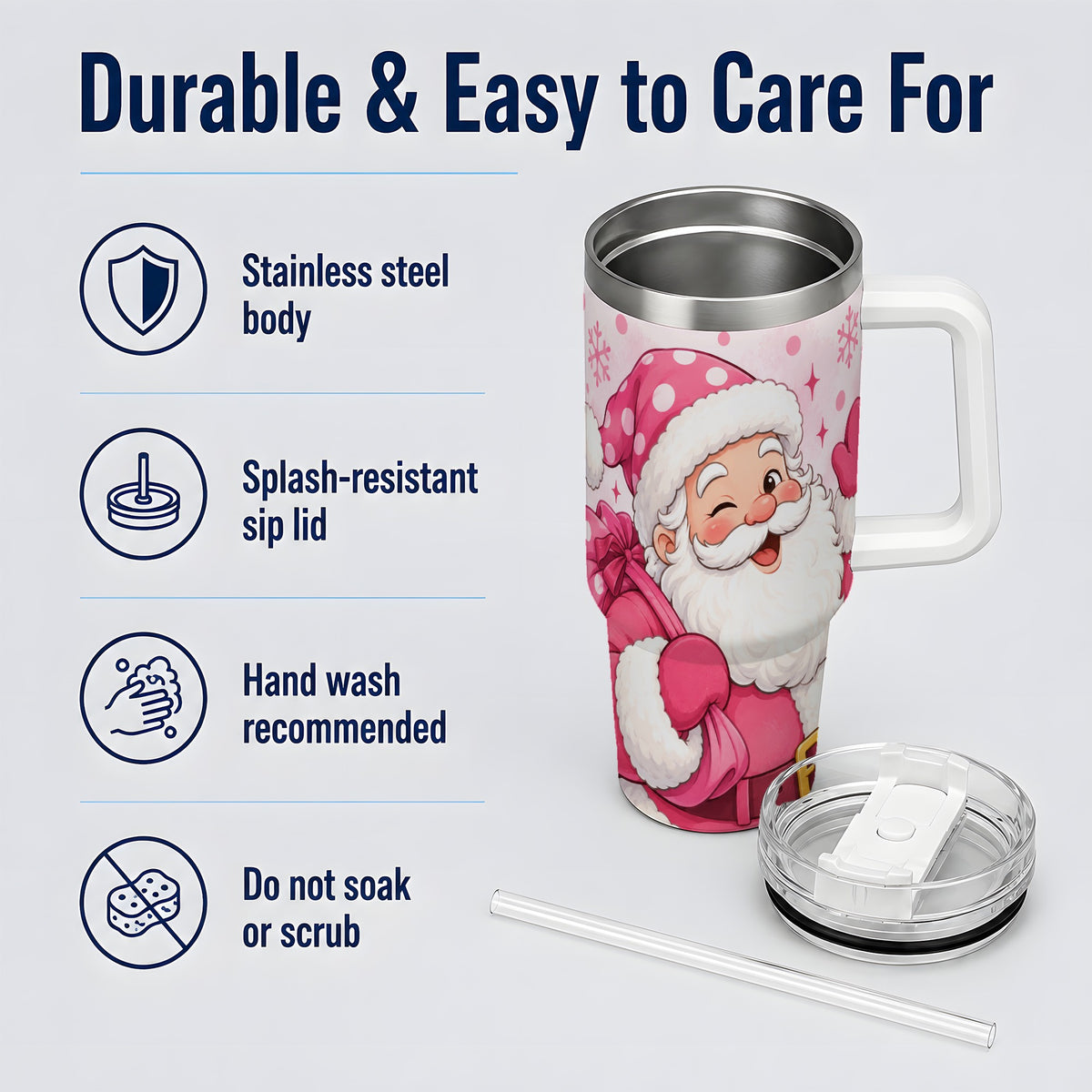#pl[40oz|White] Pink Santa Christmas Tumbler, 40oz Stainless Steel Tumbler