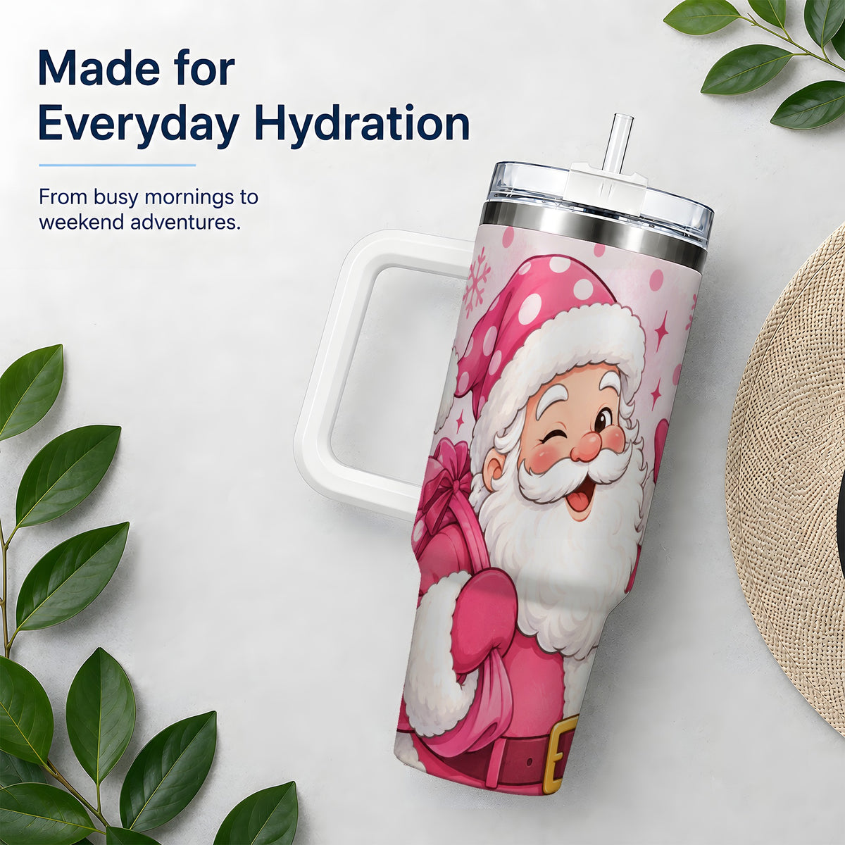 #pl[40oz|White] Pink Santa Christmas Tumbler, 40oz Stainless Steel Tumbler
