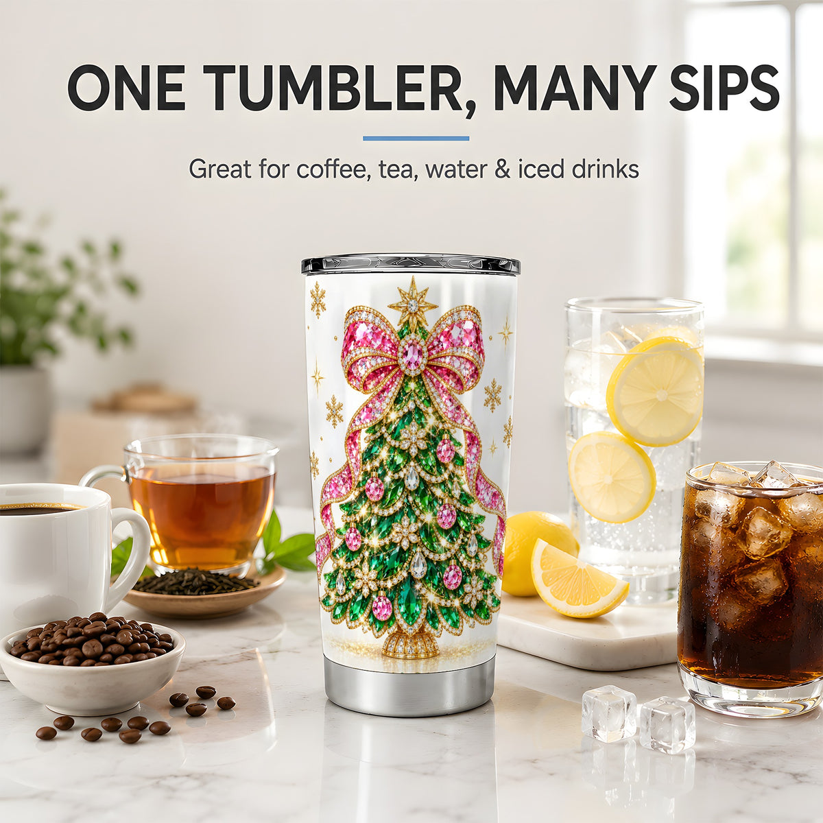 #pl[20oz|Steel] Jeweled Christmas Tree 20oz Tumbler, Pink Bow Festive Artwork