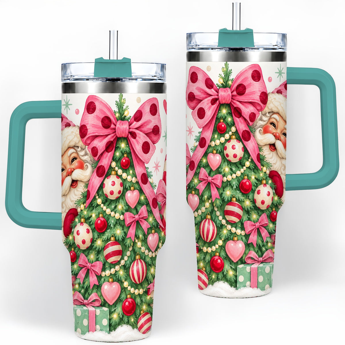 #pl[40oz|Green] Pink Bow Christmas Tree Tumbler, 40oz Stainless Steel Tumbler