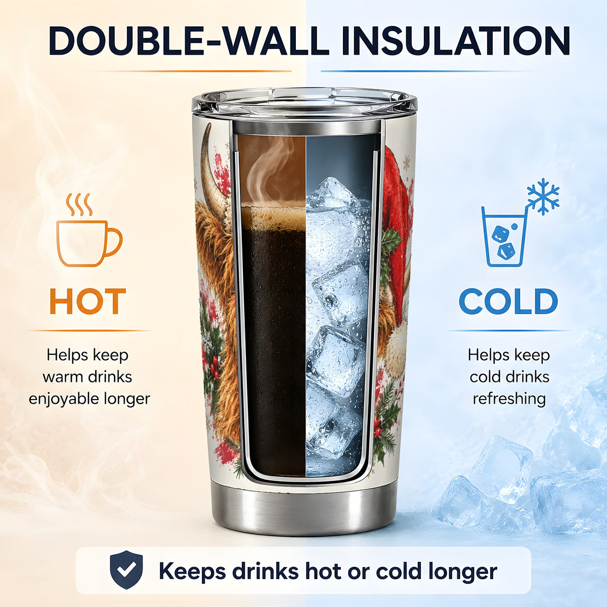 #pl[20oz|Steel] Christmas Highland Cow 20oz Tumbler, Santa Hat Winter Artwork