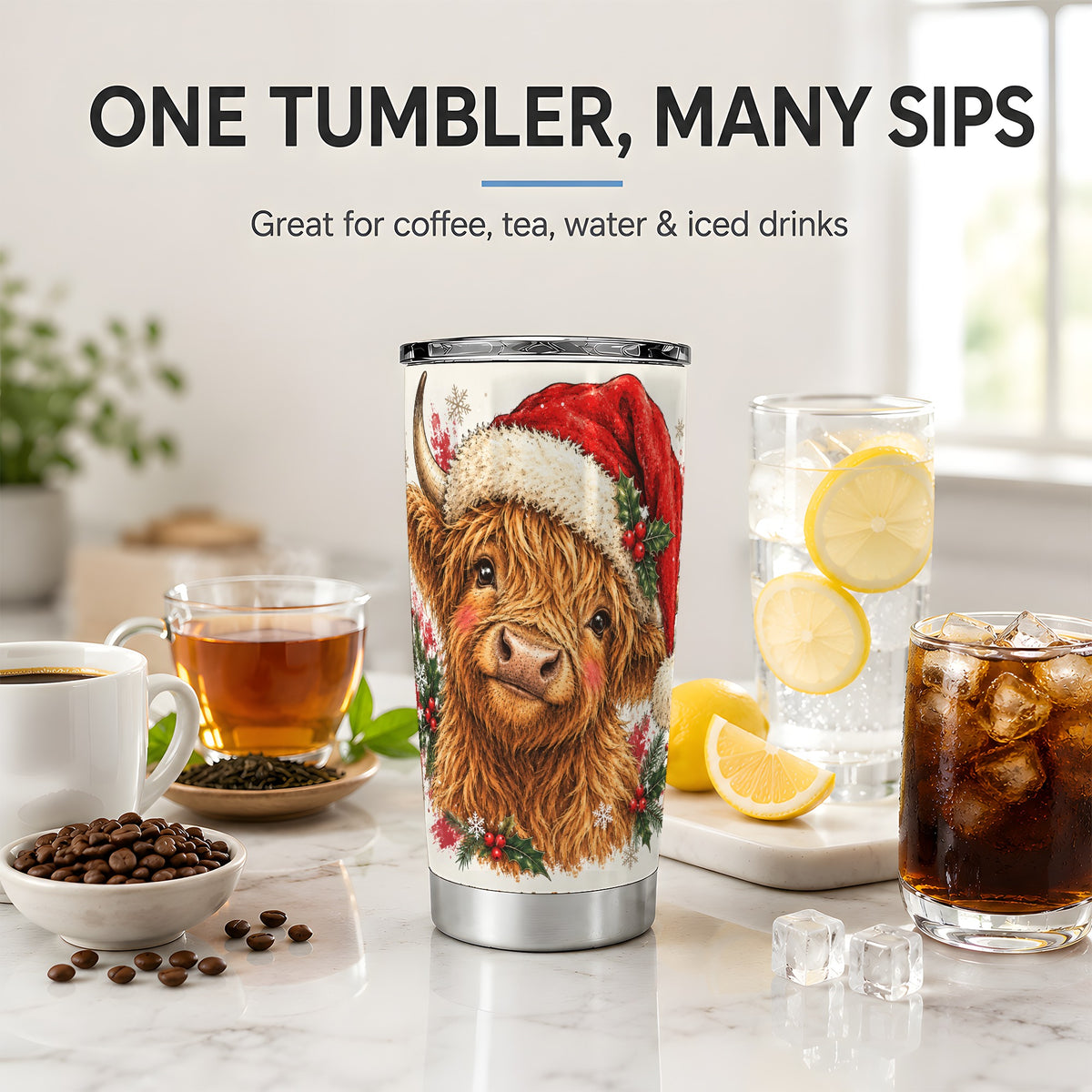 #pl[20oz|Steel] Christmas Highland Cow 20oz Tumbler, Santa Hat Winter Artwork