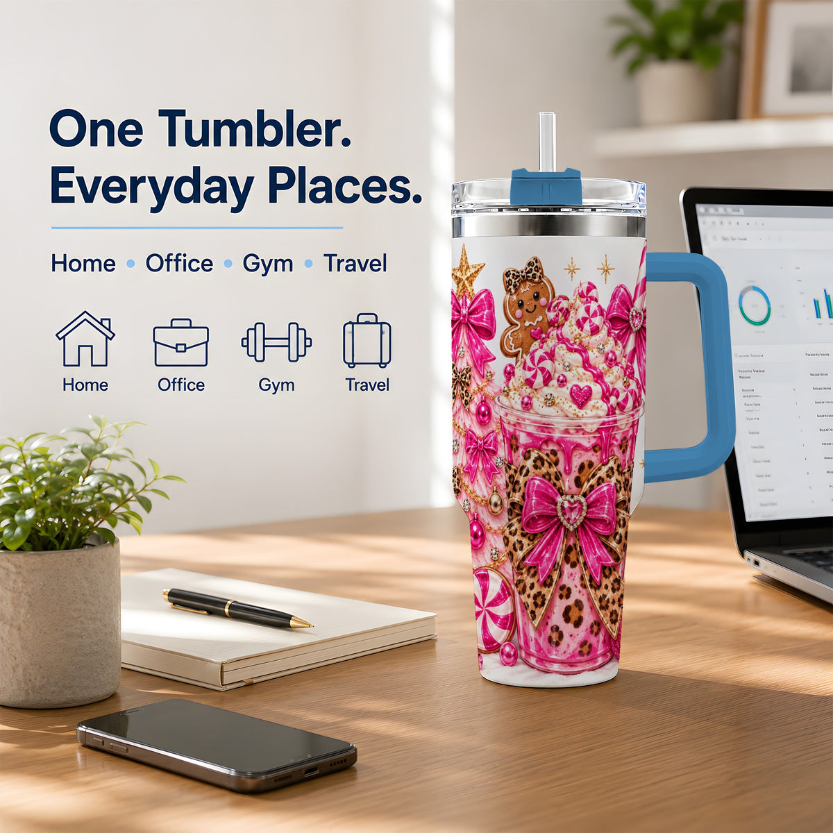 #pl[40oz|Blue] Pink Christmas Treat Tumbler, 40oz Stainless Steel Tumbler