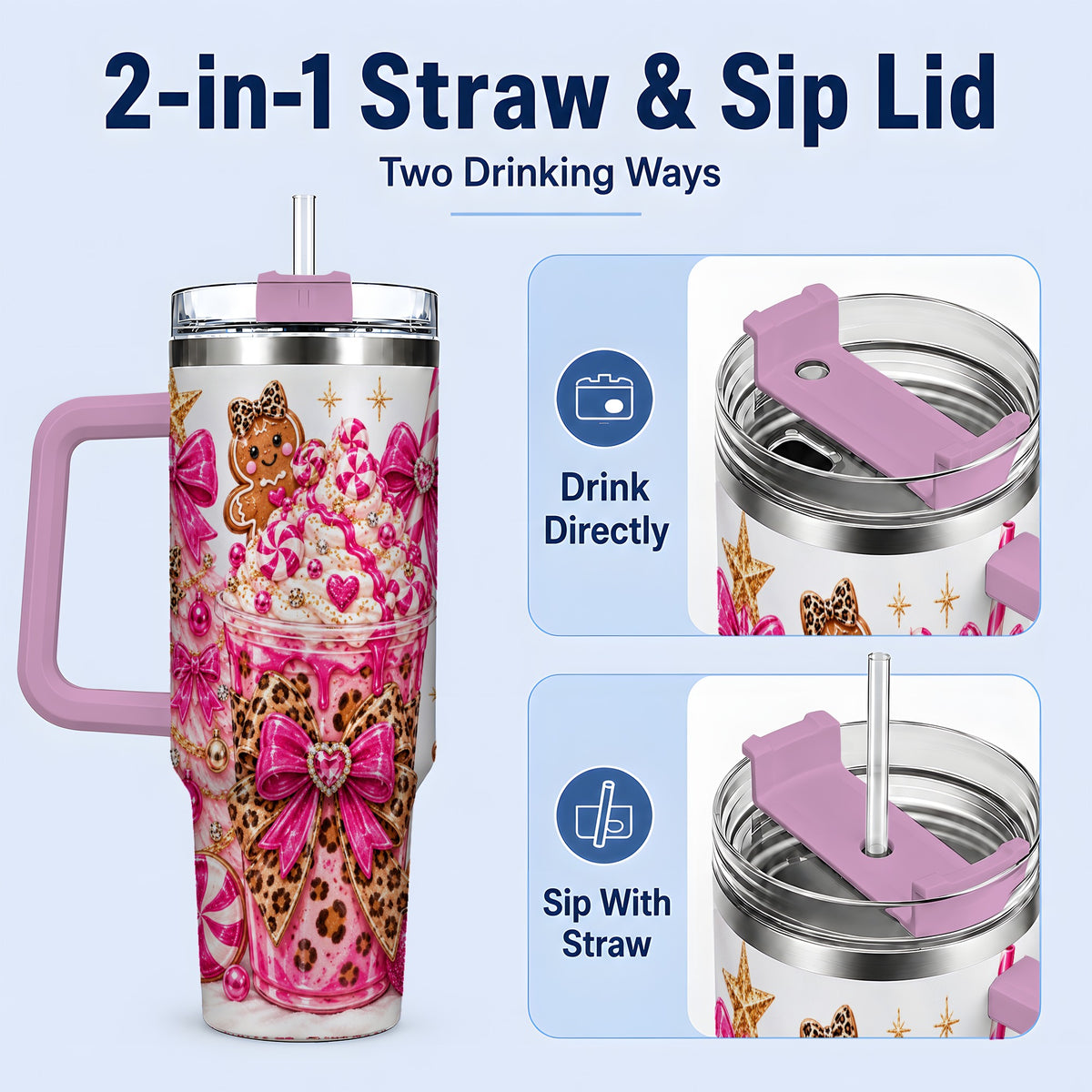 #pl[40oz|Pink] Pink Christmas Treat Tumbler, 40oz Stainless Steel Tumbler