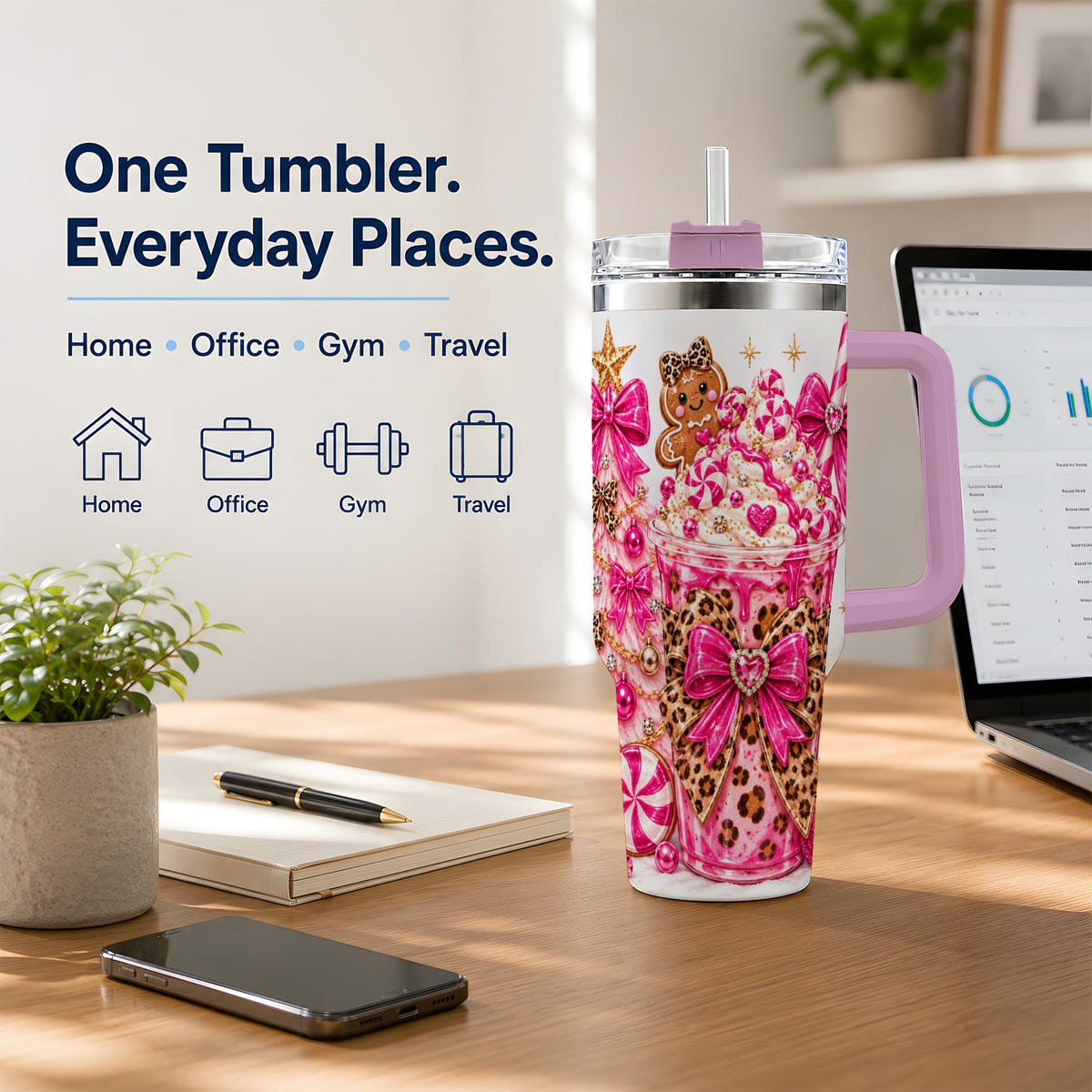 #pl[40oz|Pink] Pink Christmas Treat Tumbler, 40oz Stainless Steel Tumbler