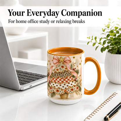 #pl[15oz|Orange] Patterned Christmas Tree Accent Mug, Ceramic Mug