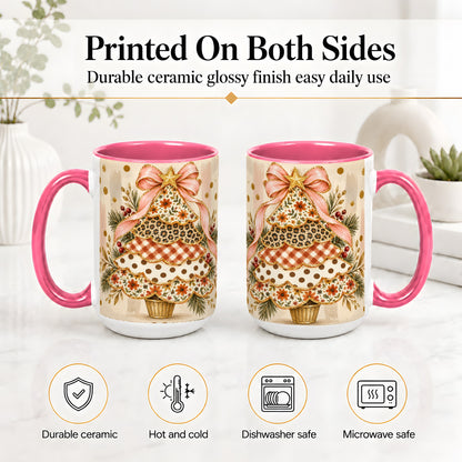 #pl[15oz|Pink] Patterned Christmas Tree Accent Mug, Ceramic Mug