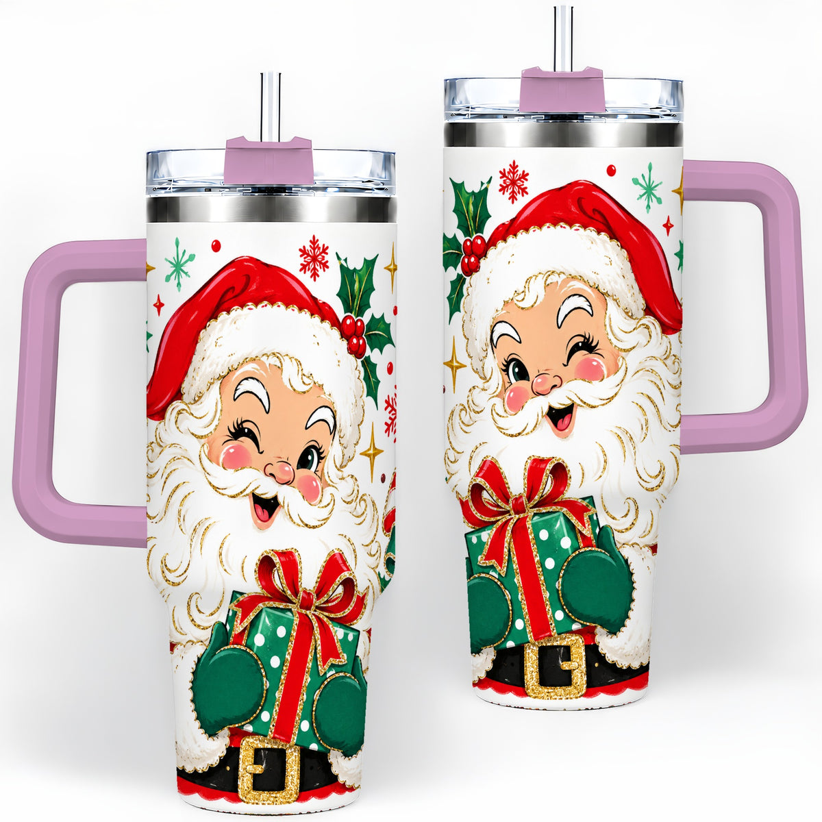 #pl[40oz|Pink] Santa Present Christmas Tumbler, 40oz Stainless Steel Tumbler