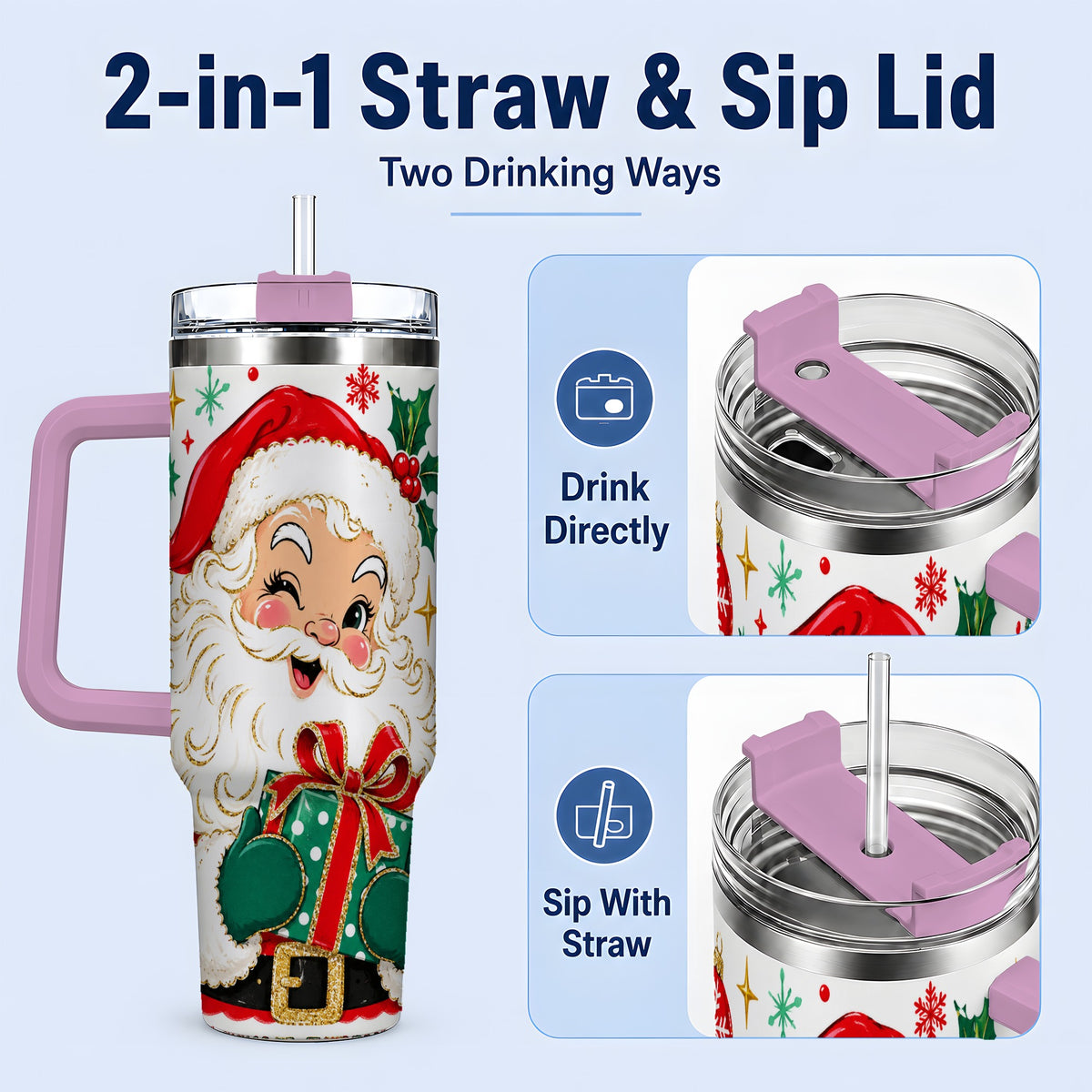 #pl[40oz|Pink] Santa Present Christmas Tumbler, 40oz Stainless Steel Tumbler