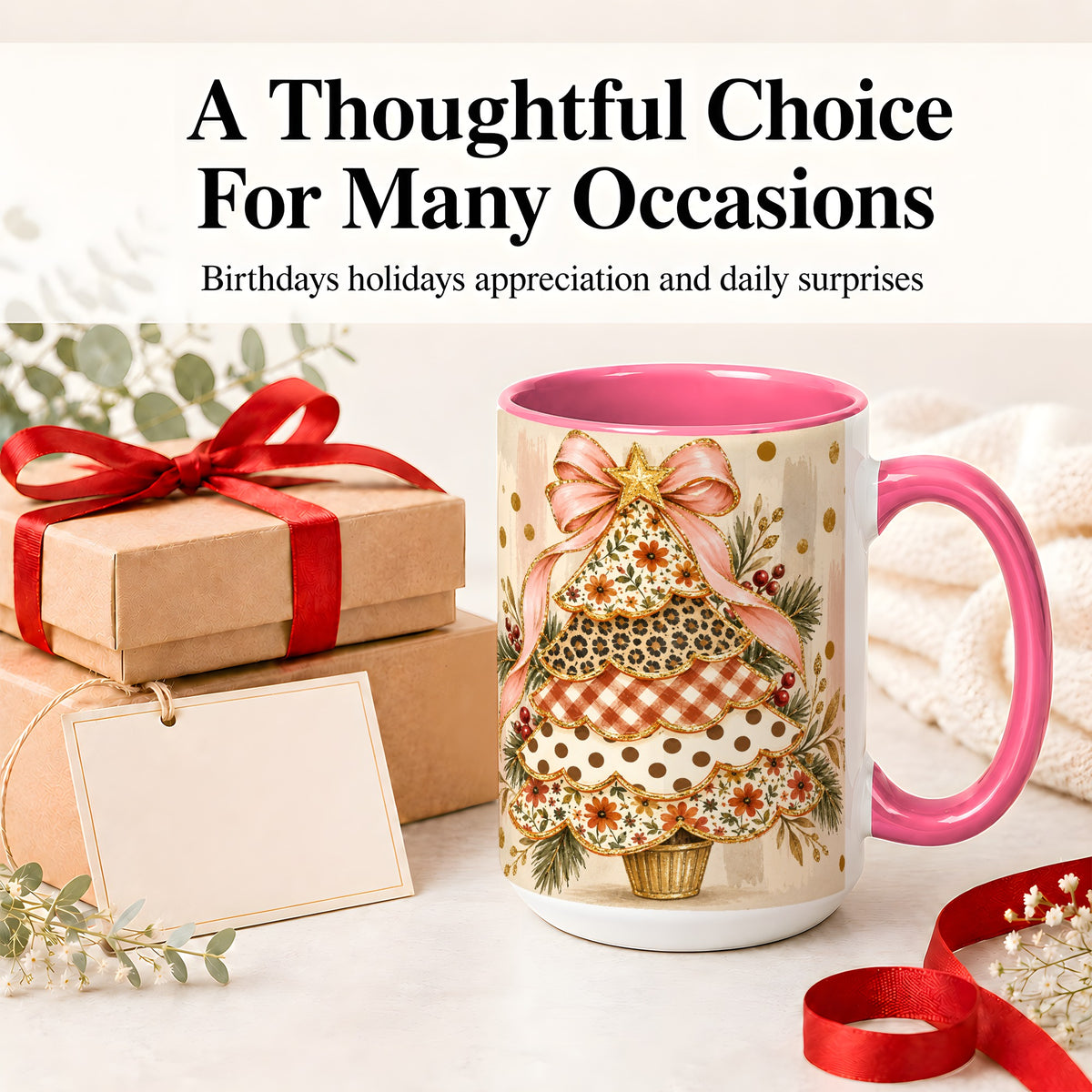 #pl[15oz|Pink] Patterned Christmas Tree Accent Mug, Ceramic Mug
