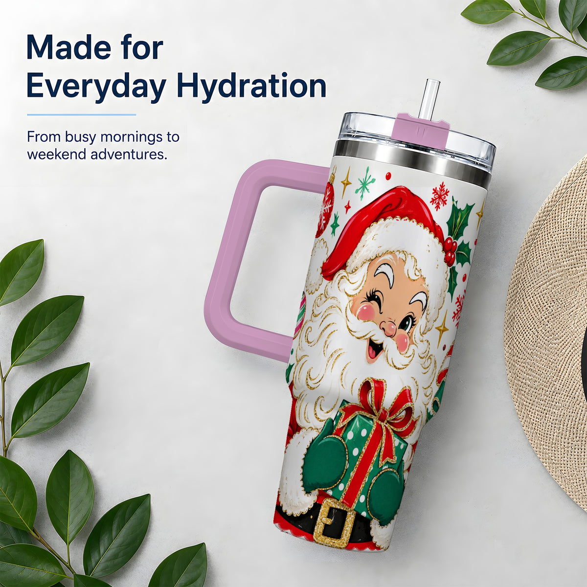 #pl[40oz|Pink] Santa Present Christmas Tumbler, 40oz Stainless Steel Tumbler