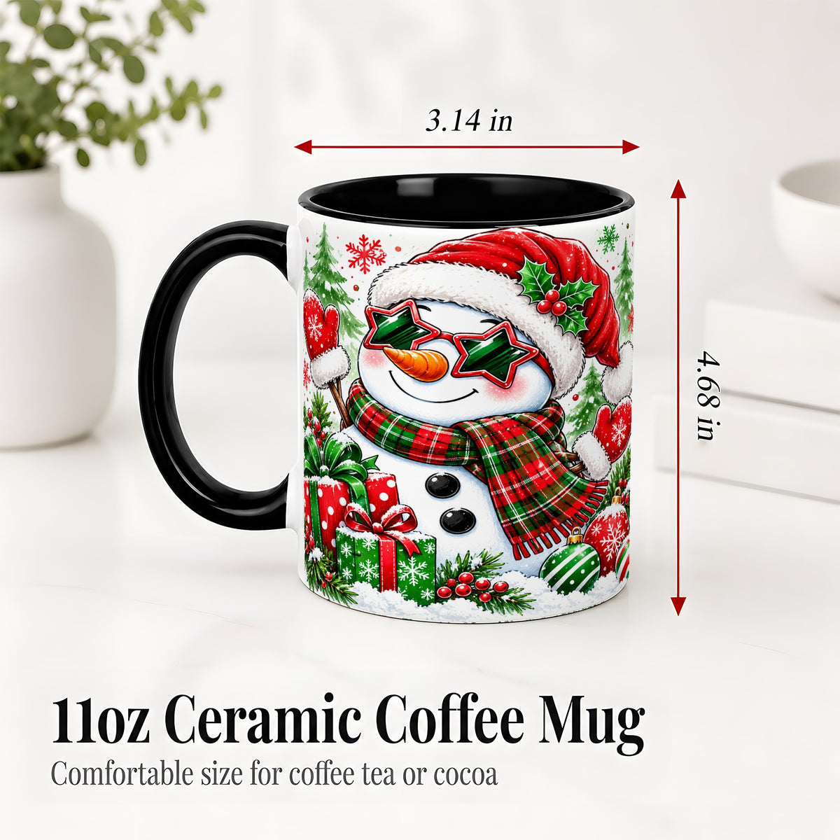#pl[11oz|Black] Festive Snowman Christmas Accent Mug, Ceramic Mug
