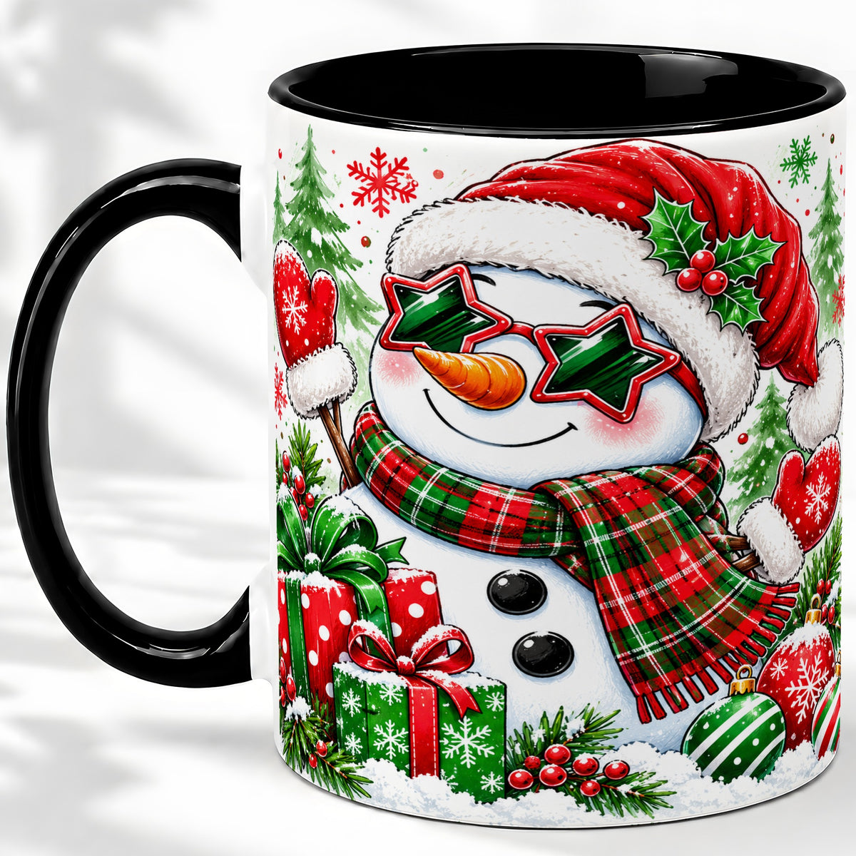 #pl[11oz|Black] Festive Snowman Christmas Accent Mug, Ceramic Mug
