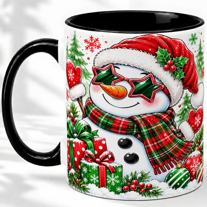 #pl[11oz|Black] Festive Snowman Christmas Accent Mug, Ceramic Mug