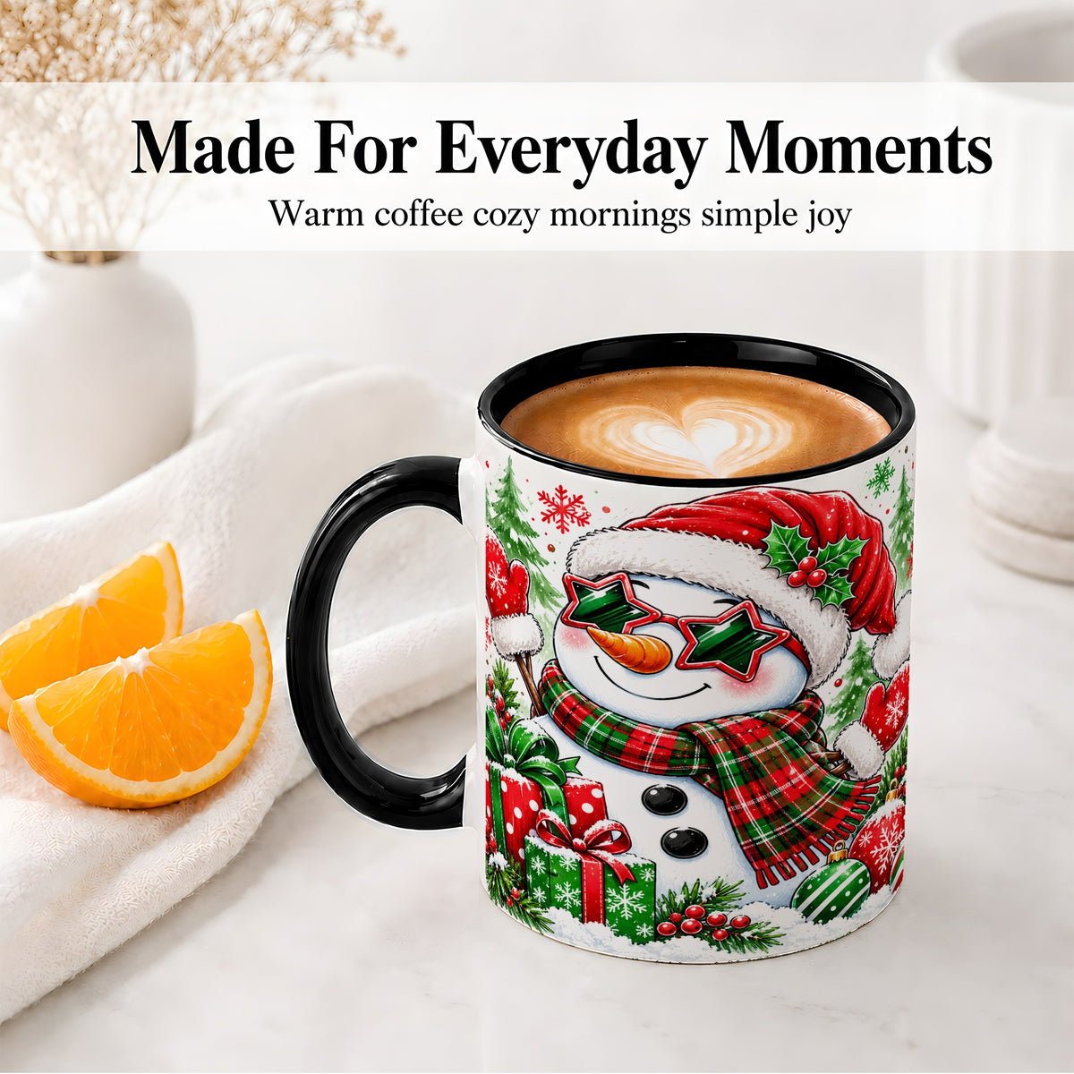 #pl[11oz|Black] Festive Snowman Christmas Accent Mug, Ceramic Mug