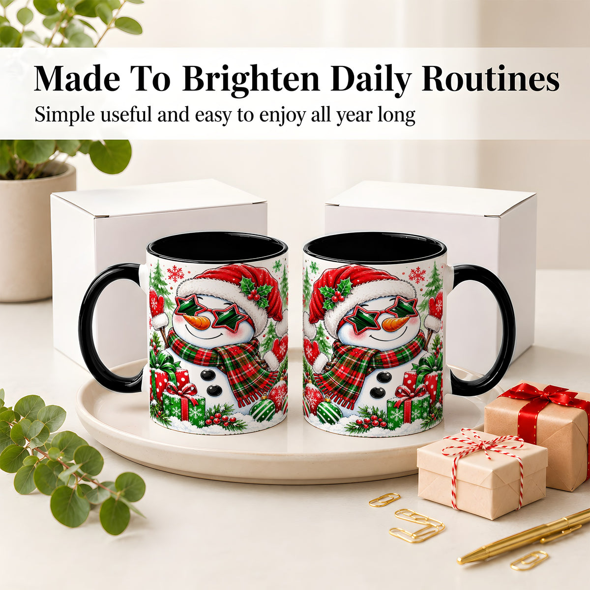 #pl[11oz|Black] Festive Snowman Christmas Accent Mug, Ceramic Mug