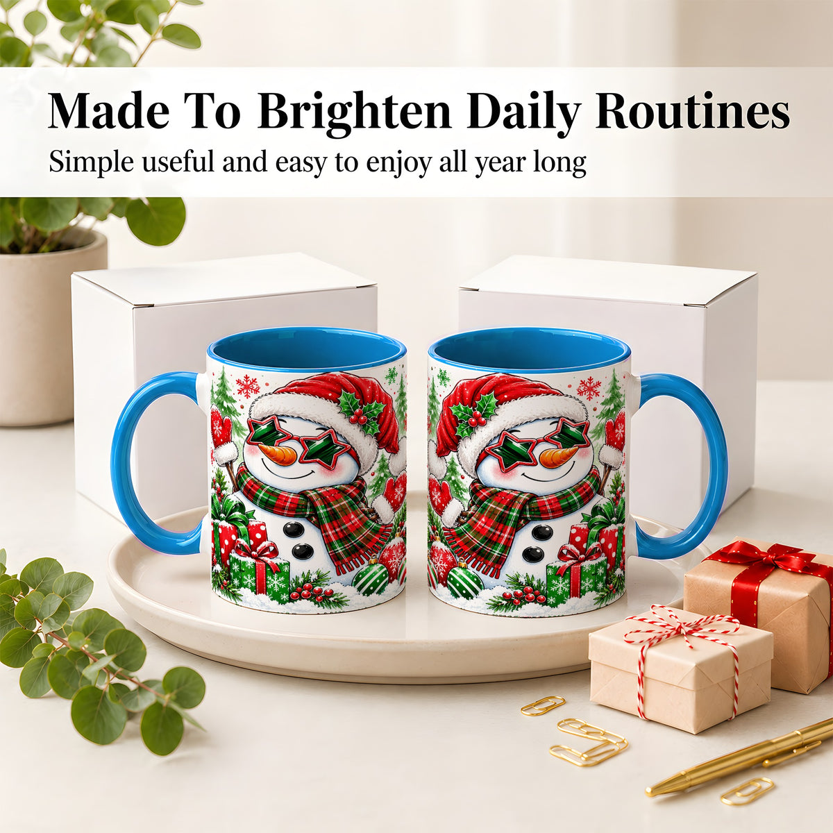 #pl[11oz|Blue] Festive Snowman Christmas Accent Mug, Ceramic Mug