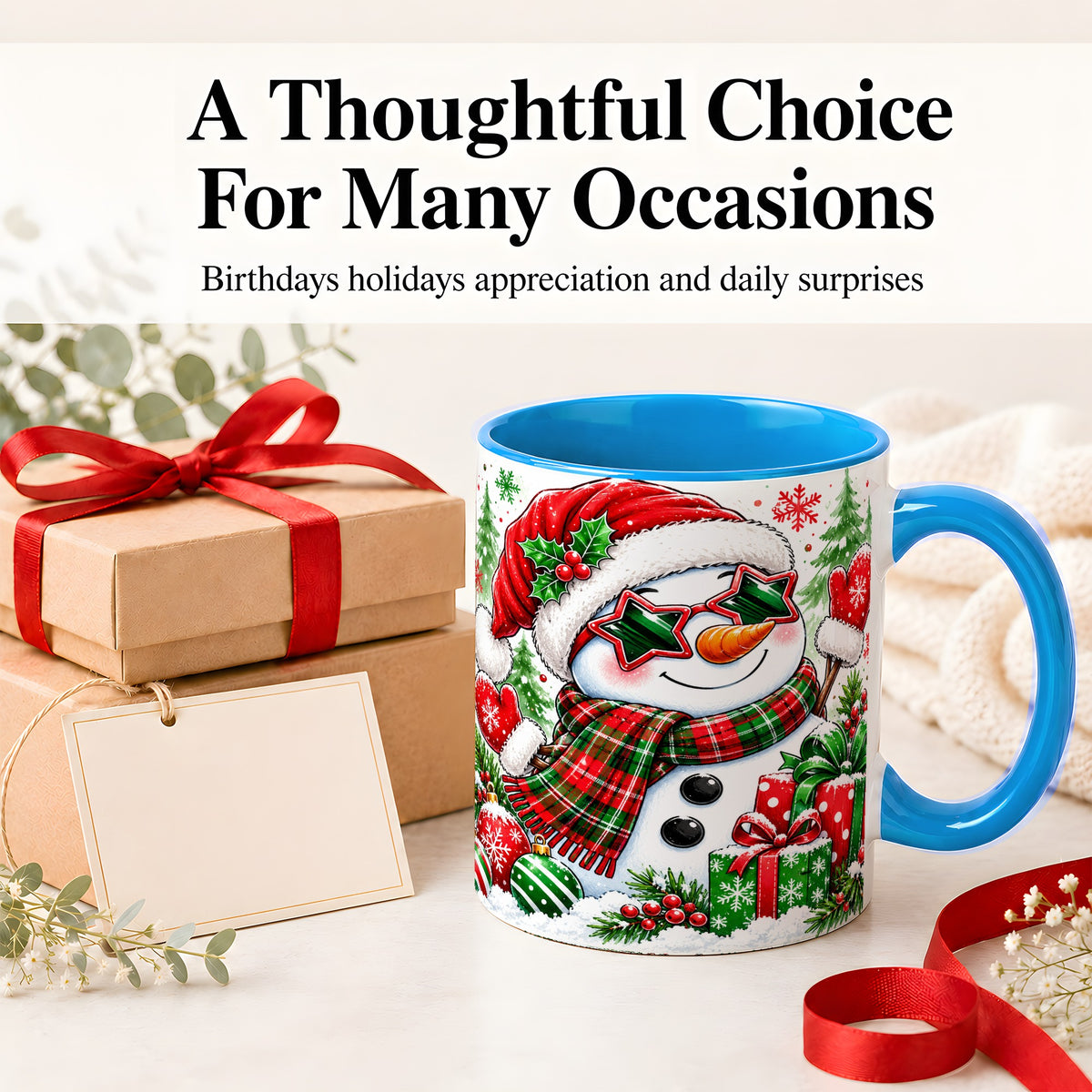 #pl[11oz|Blue] Festive Snowman Christmas Accent Mug, Ceramic Mug