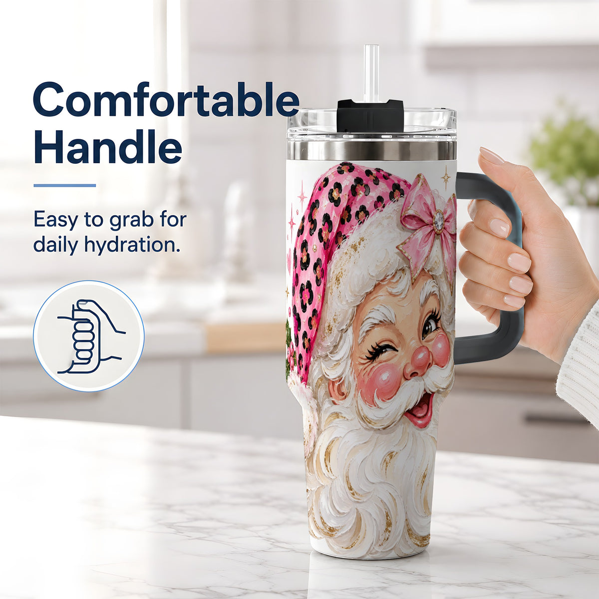 #pl[40oz|Black] Pink Santa 40oz Tumbler, Leopard Hat Christmas Holiday Drinkware Art