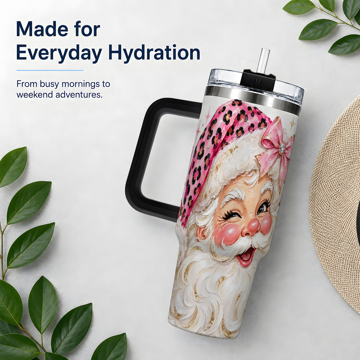 #pl[40oz|Black] Pink Santa 40oz Tumbler, Leopard Hat Christmas Holiday Drinkware Art