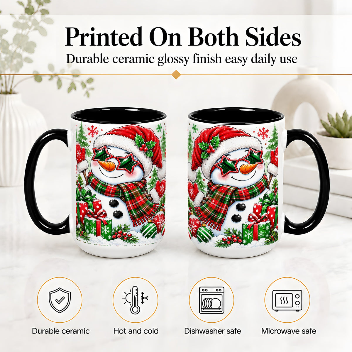 #pl[15oz|Black] Festive Snowman Christmas Accent Mug, Ceramic Mug