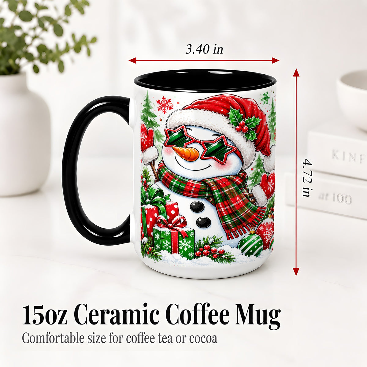 #pl[15oz|Black] Festive Snowman Christmas Accent Mug, Ceramic Mug