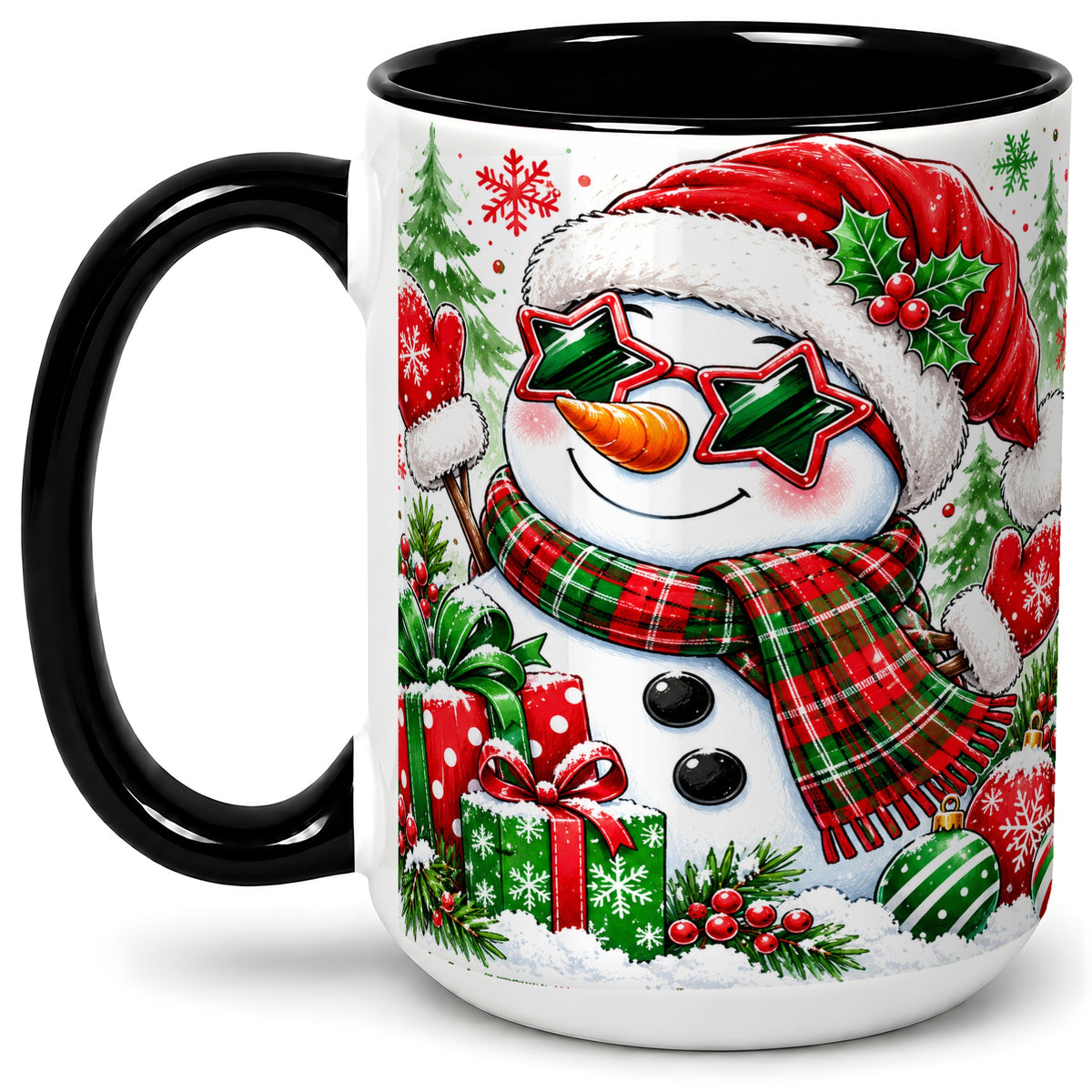 #pl[15oz|Black] Festive Snowman Christmas Accent Mug, Ceramic Mug