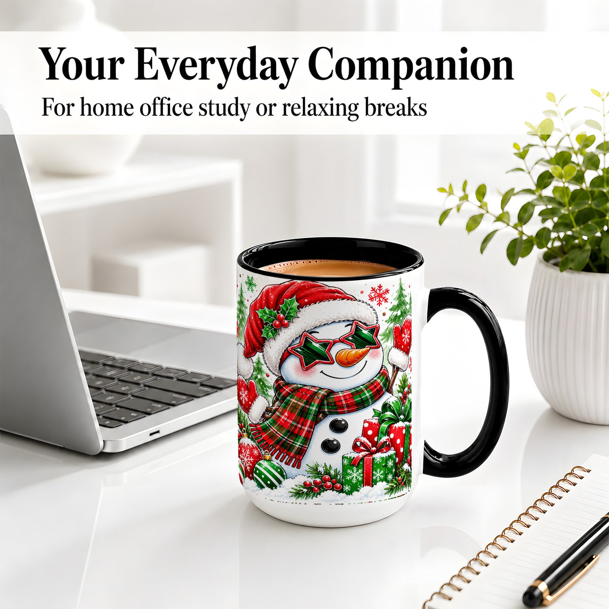 #pl[15oz|Black] Festive Snowman Christmas Accent Mug, Ceramic Mug