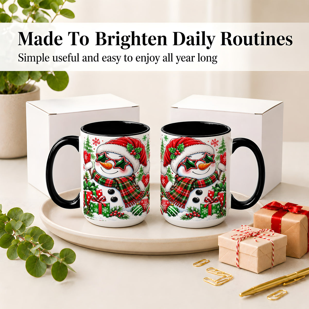 #pl[15oz|Black] Festive Snowman Christmas Accent Mug, Ceramic Mug