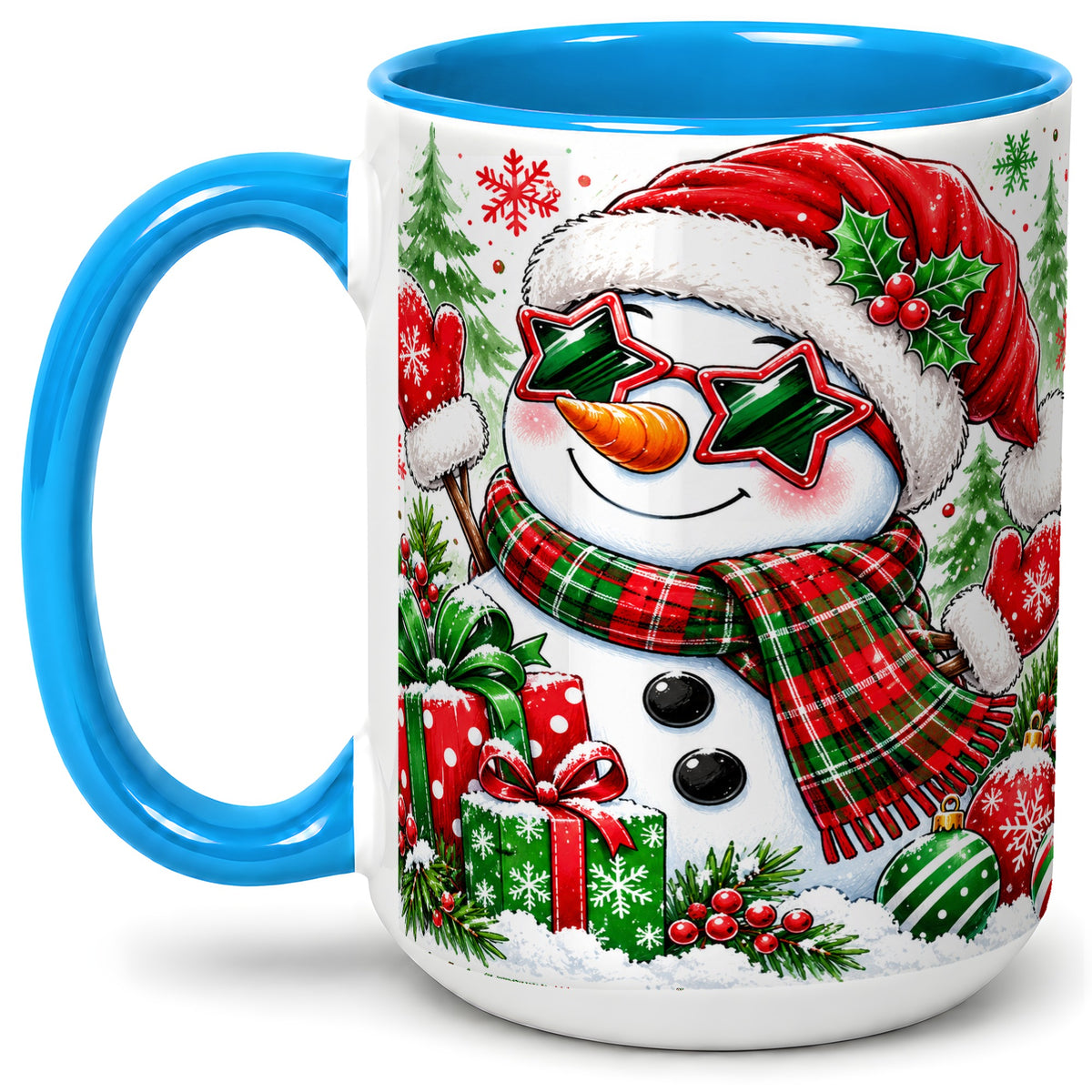 #pl[15oz|Blue] Festive Snowman Christmas Accent Mug, Ceramic Mug