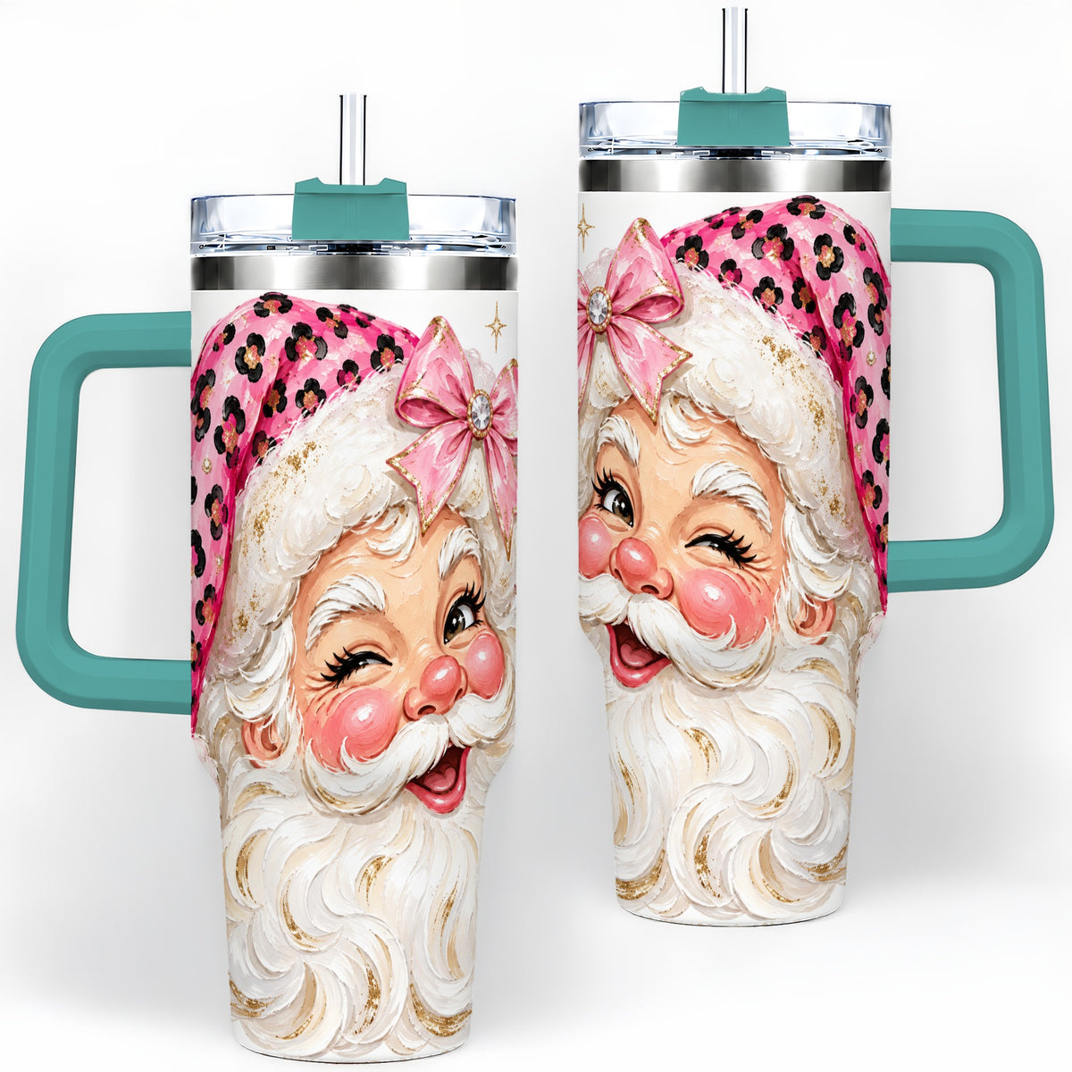 #pl[40oz|Green] Pink Santa 40oz Tumbler, Leopard Hat Christmas Holiday Drinkware Art