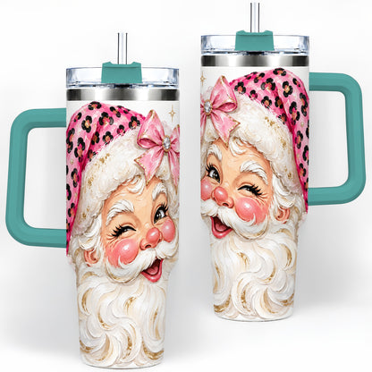 #pl[40oz|Green] Pink Santa 40oz Tumbler, Leopard Hat Christmas Holiday Drinkware Art