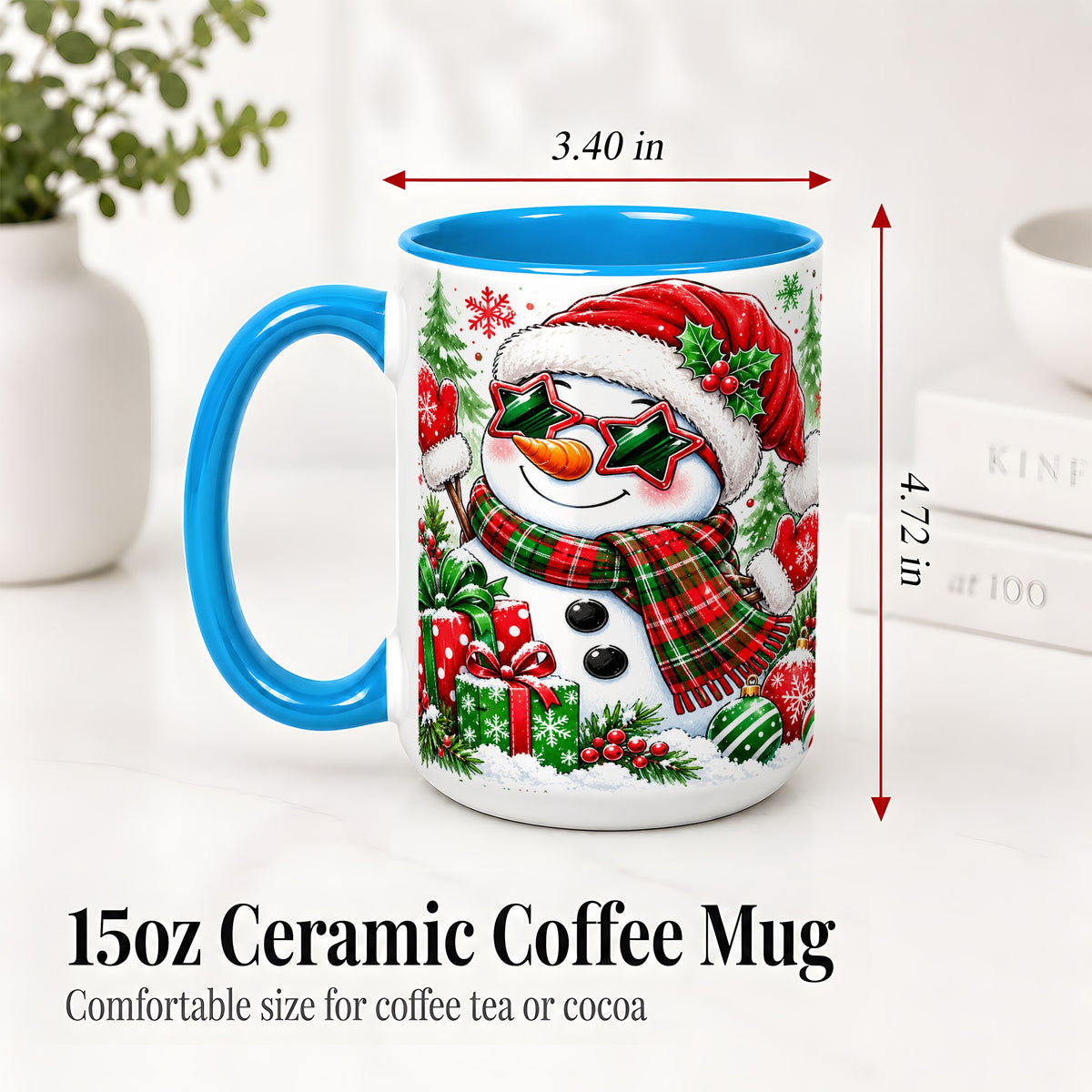 #pl[15oz|Blue] Festive Snowman Christmas Accent Mug, Ceramic Mug
