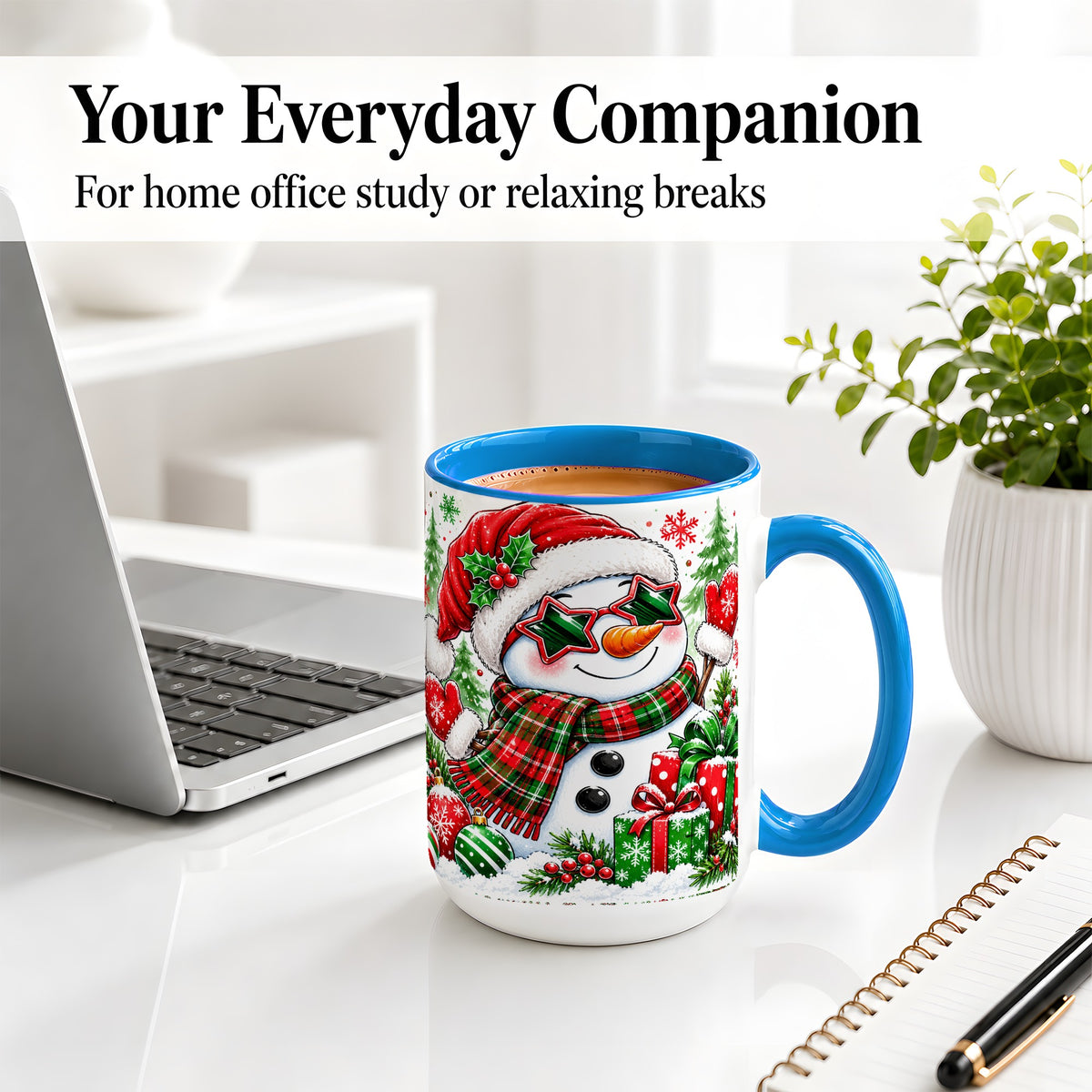 #pl[15oz|Blue] Festive Snowman Christmas Accent Mug, Ceramic Mug