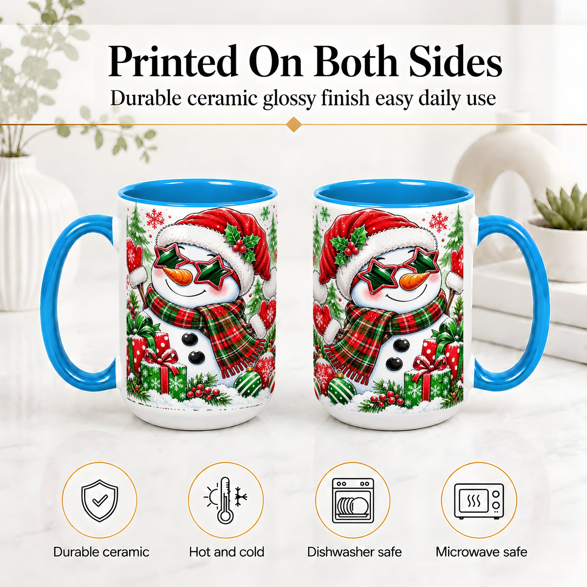 #pl[15oz|Blue] Festive Snowman Christmas Accent Mug, Ceramic Mug